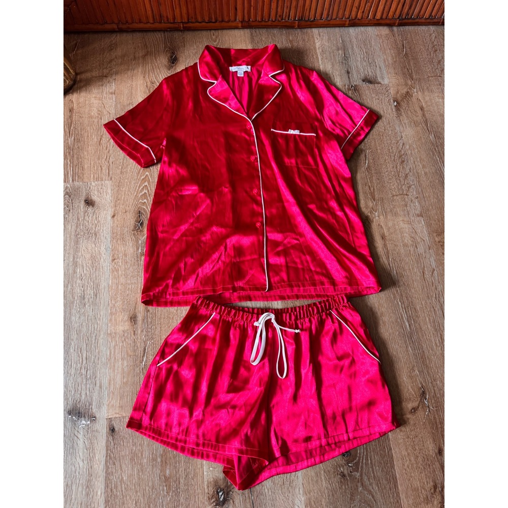 In Bloom by Jonquil Red‎ Satin Pajama Set Short Sleeve Button Down Size S